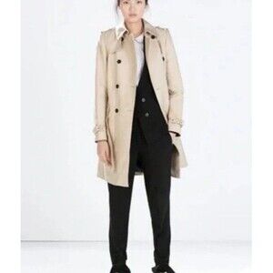 ZARA Trench Coat Women's XS  Tan Khaki Belted Mid Length Jacket Preppy Classic
